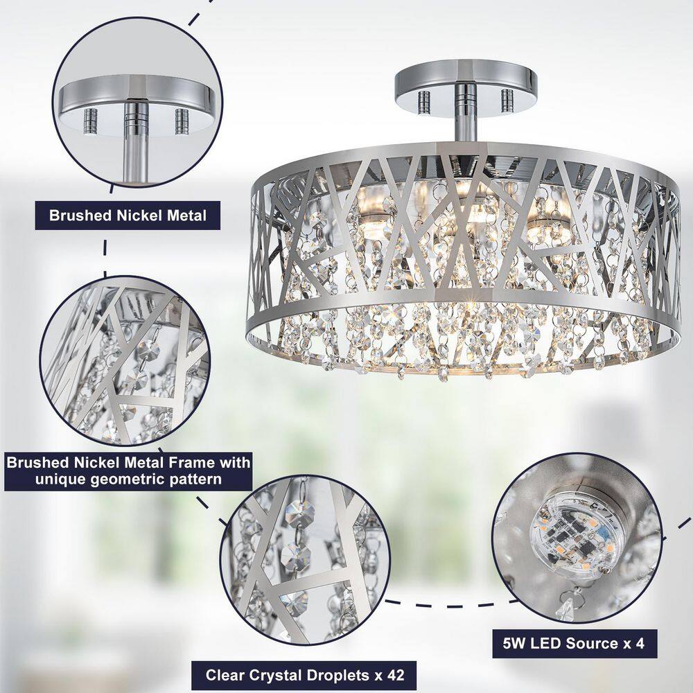13.78 in. 1-Light Modern Chrome Round Dimmable LED Semi-Flush Mount Ceiling Light with Beaded Drum Crystal Shade - Hercitys