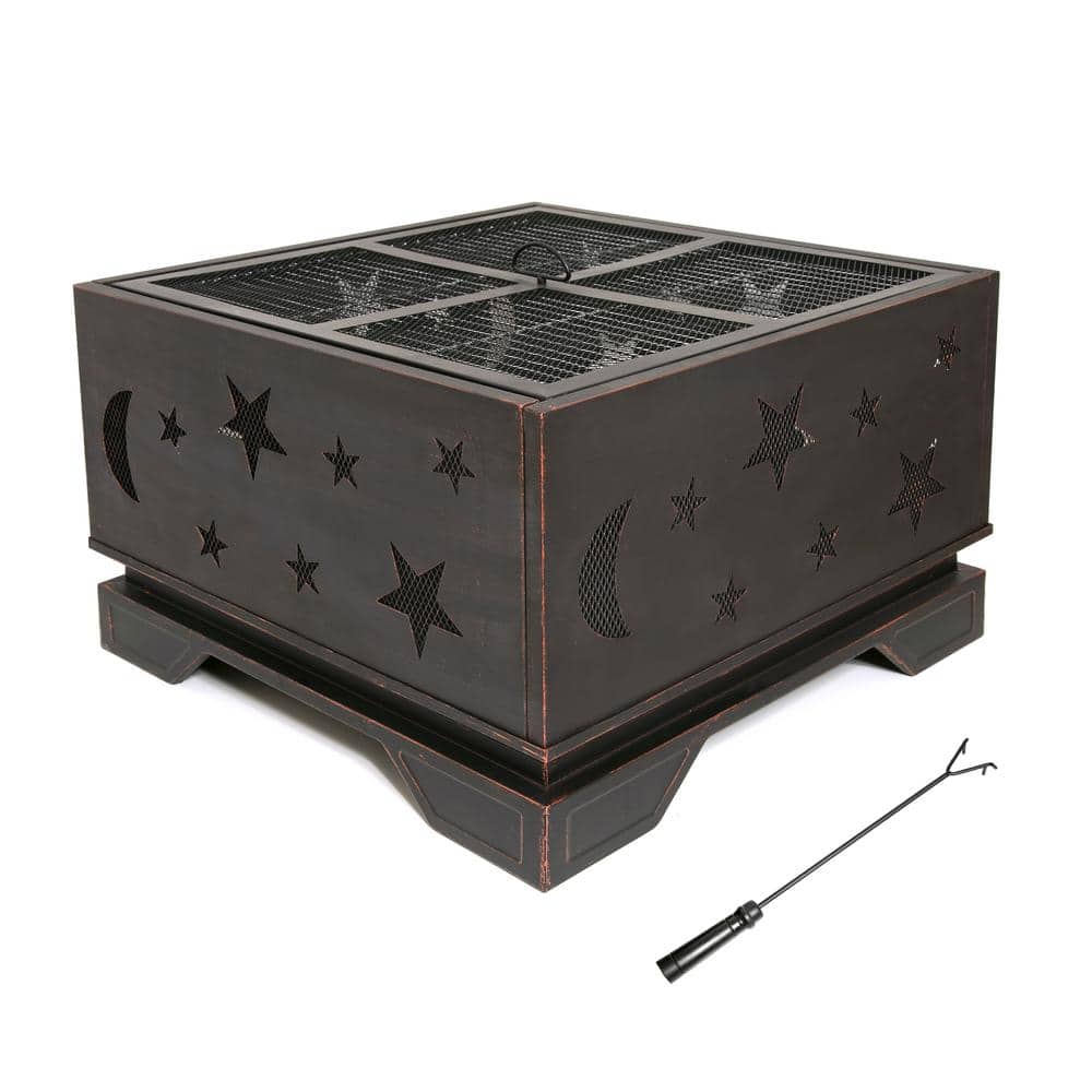 26 in. Bronze Steel Outdoor Fire Pit with Poker and Grill Rack - Hercitys