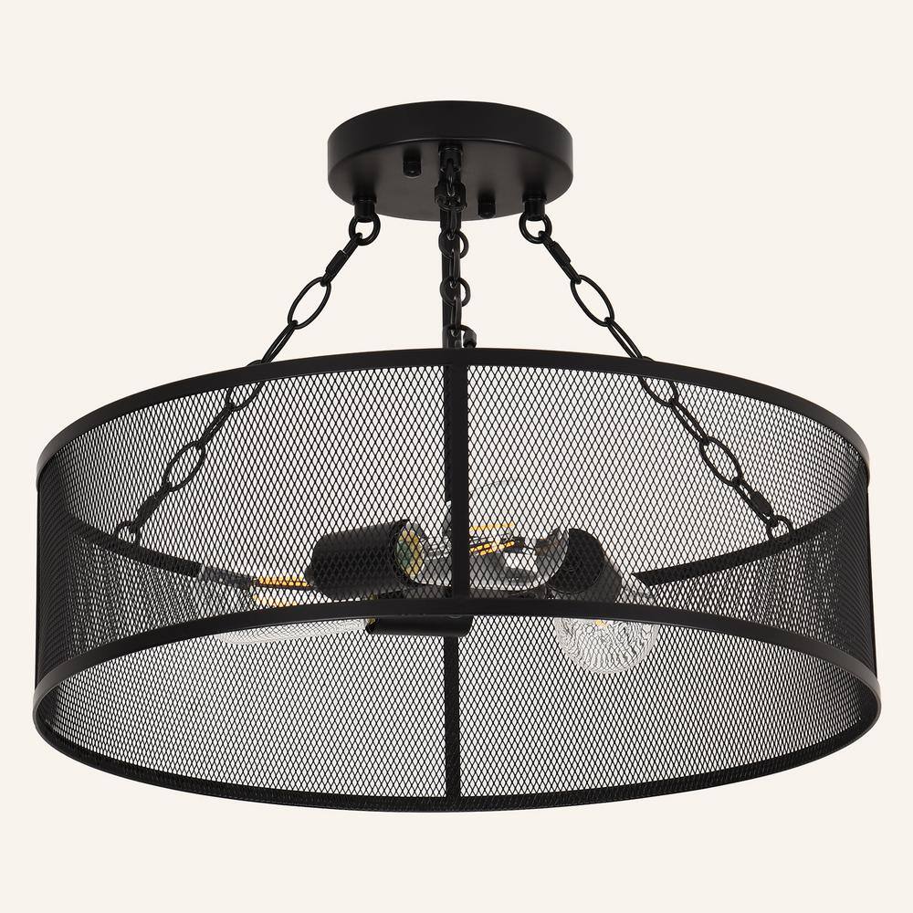 19.7 in. 3-Light Matte Black Drum Farmhouse Semi-Flush Mount with Metal Mesh Cage Shade - Hercitys