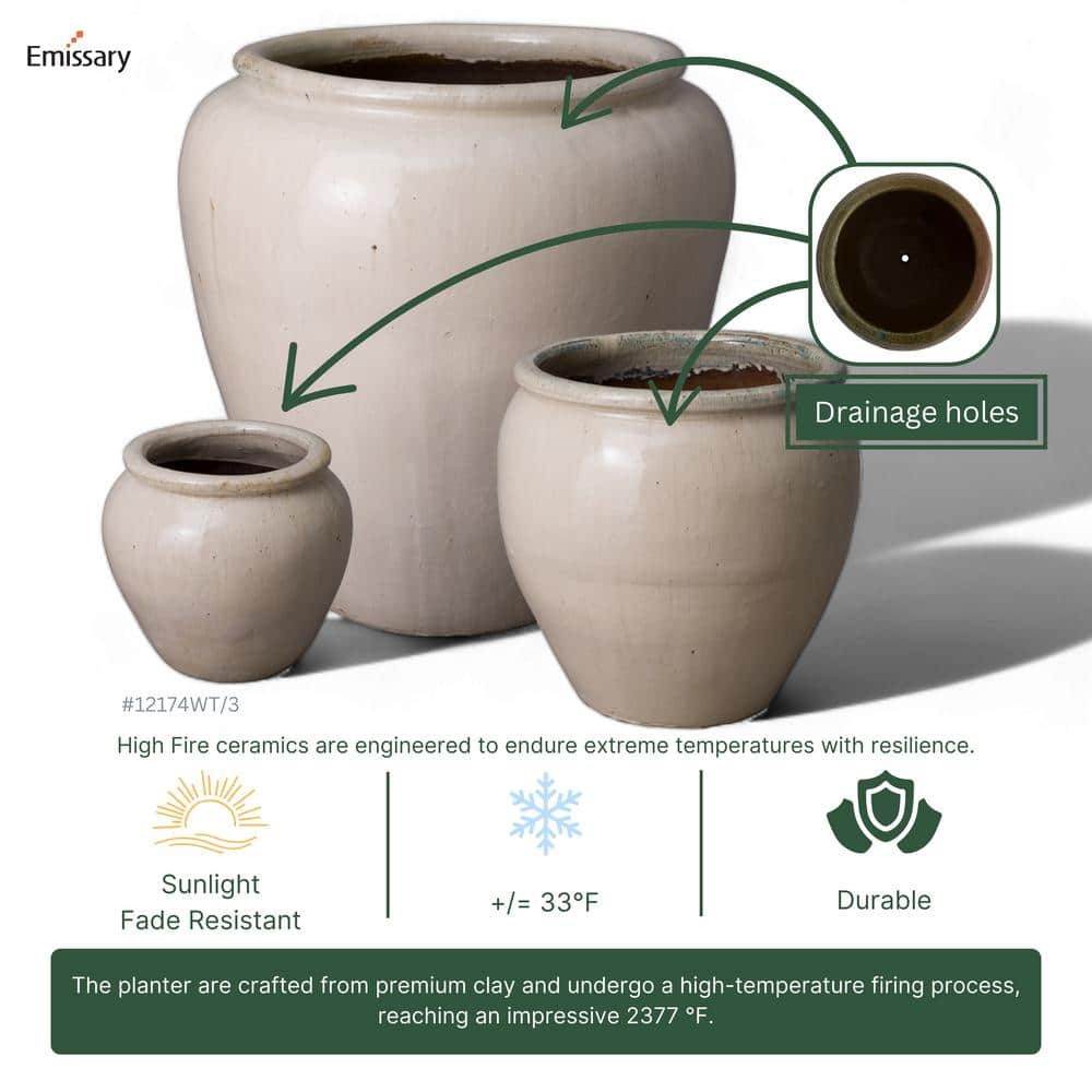 13 in. L x 12.5 in. H Distressed White Ceramic Round Planter with Drainage Hole - Hercitys