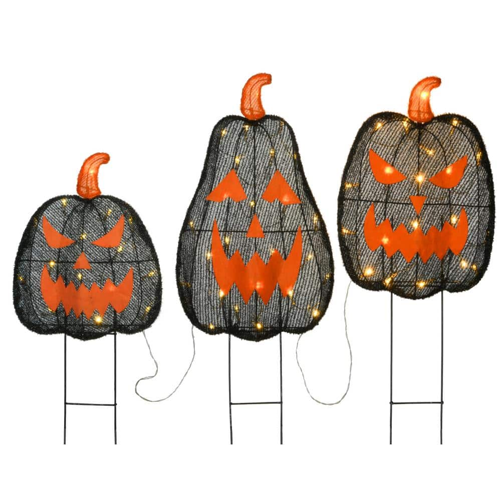 35 in. Pre-Lit Black Jack-O-Lantern Garden Stakes with LED Lights (Set of 3) - Hercitys