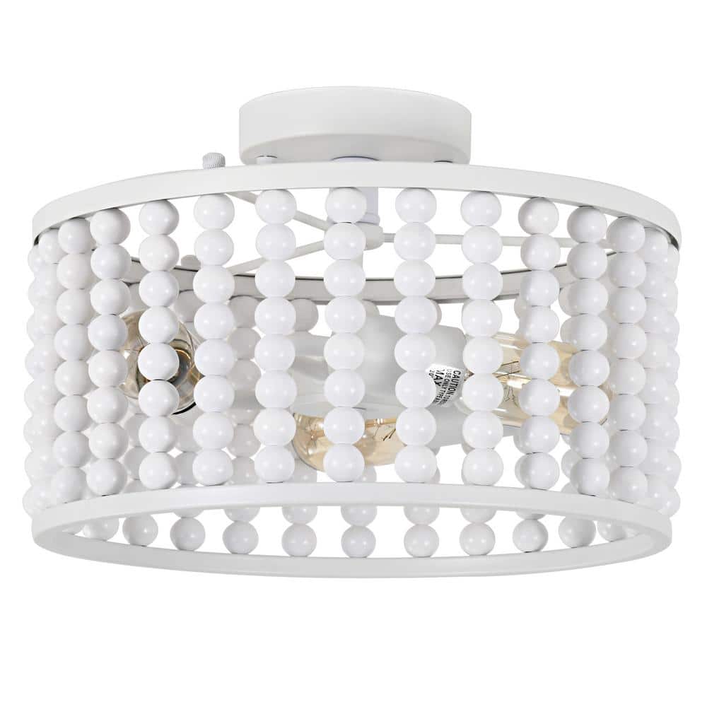 12.8 in. 3-Light White Semi Flush Mount Round Ceiling Light Fixture with Wood Bead and No Bulbs Included - Hercitys