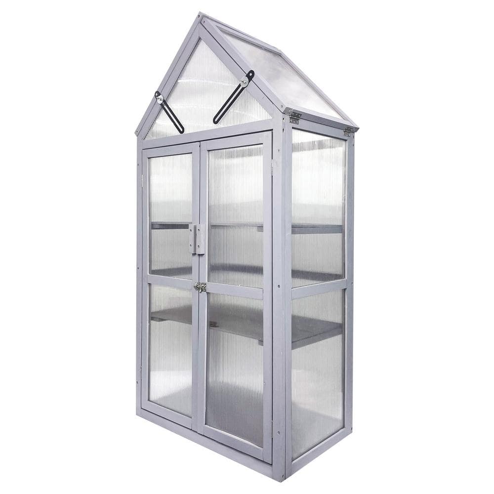 25 in. W x 16 in. D x 51 in. H Gray Mini Wood Greenhouse Kit, Plant Stand for Garden and Patio Balcony, UV-Resistant - Hercitys