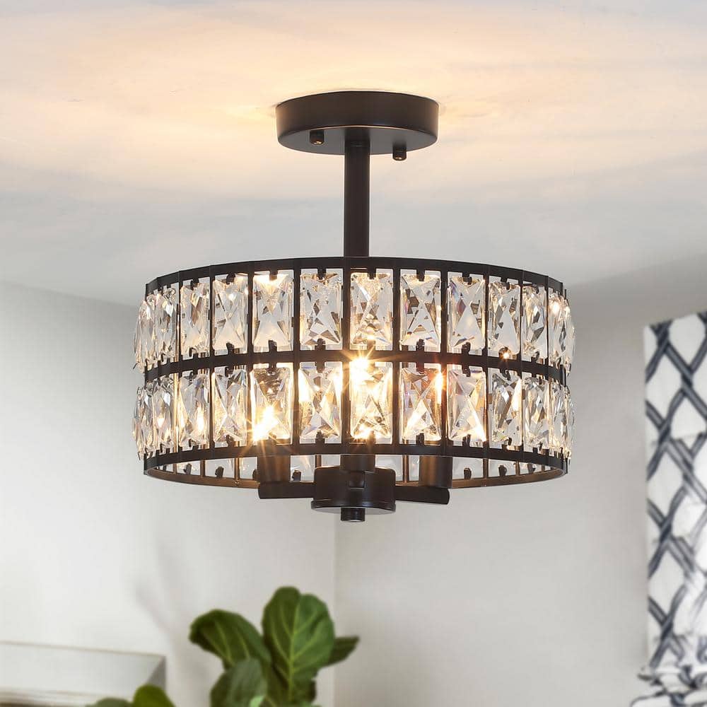 12.59 in. Koyal 3-Light Round Black Drum Chandelier Semi Flush Mount Ceiling Light with Clear Crystal Glass Drum Shade - Hercitys