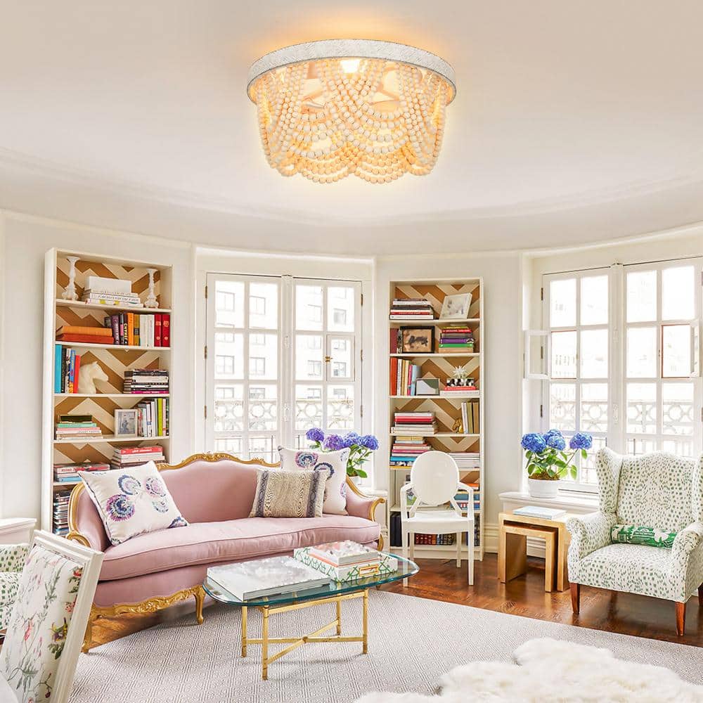 20 in. Indoor 4-Lights Wood Boho Caged Ceiling Fan with Light and Remote, Wood Bead Fandelier, Chandelier Light Fixture - Hercitys