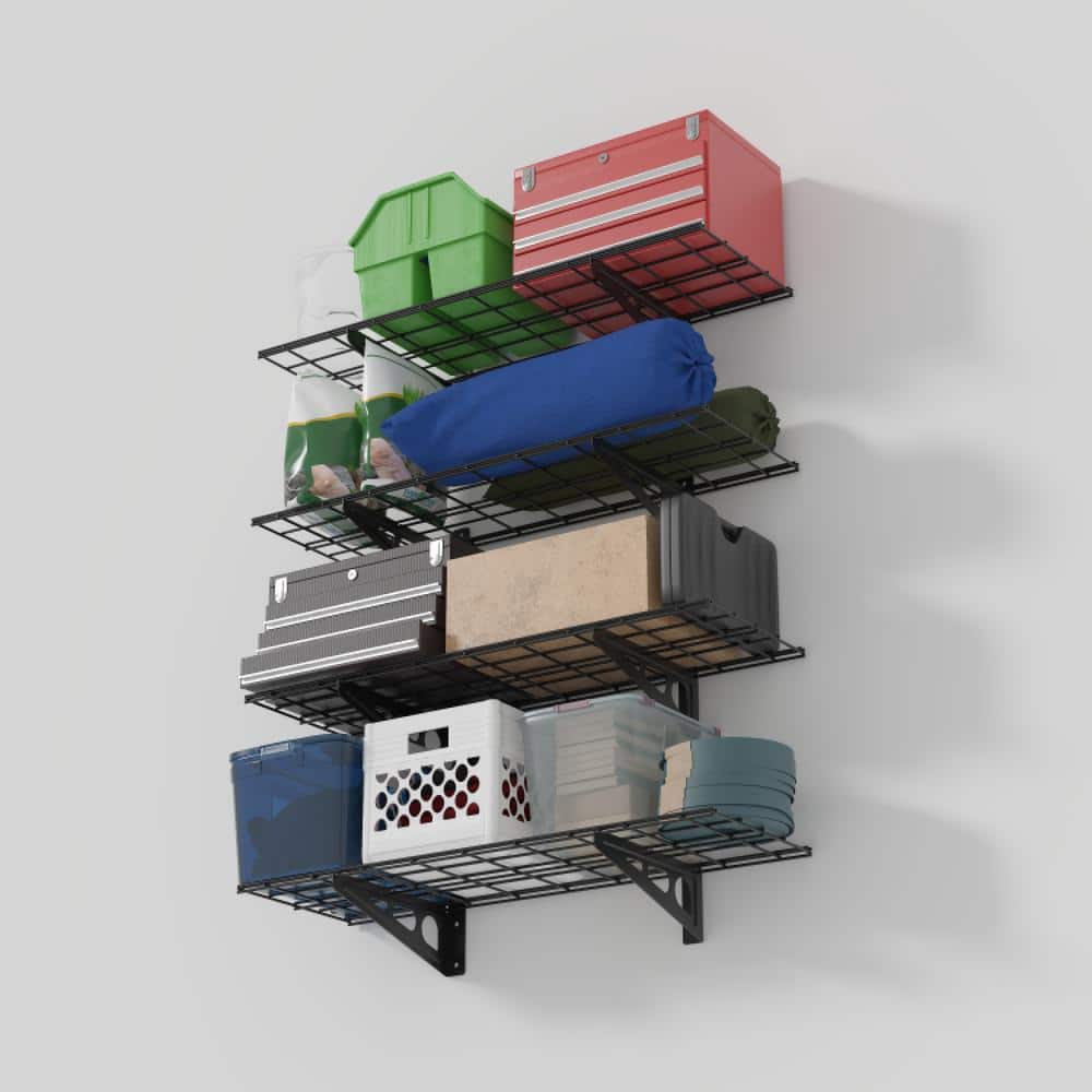 4-Pack 36 in. x 12 in. Steel Garage Wall Shelf with Brackets in Black - Hercitys