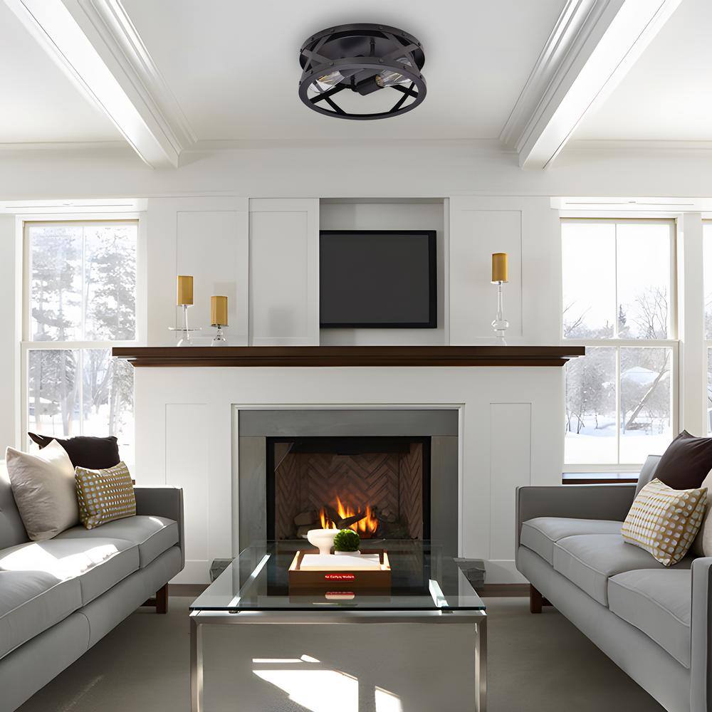 11.8 in. 2-Light Matte Black Flush Mount with Drum Shape - Hercitys