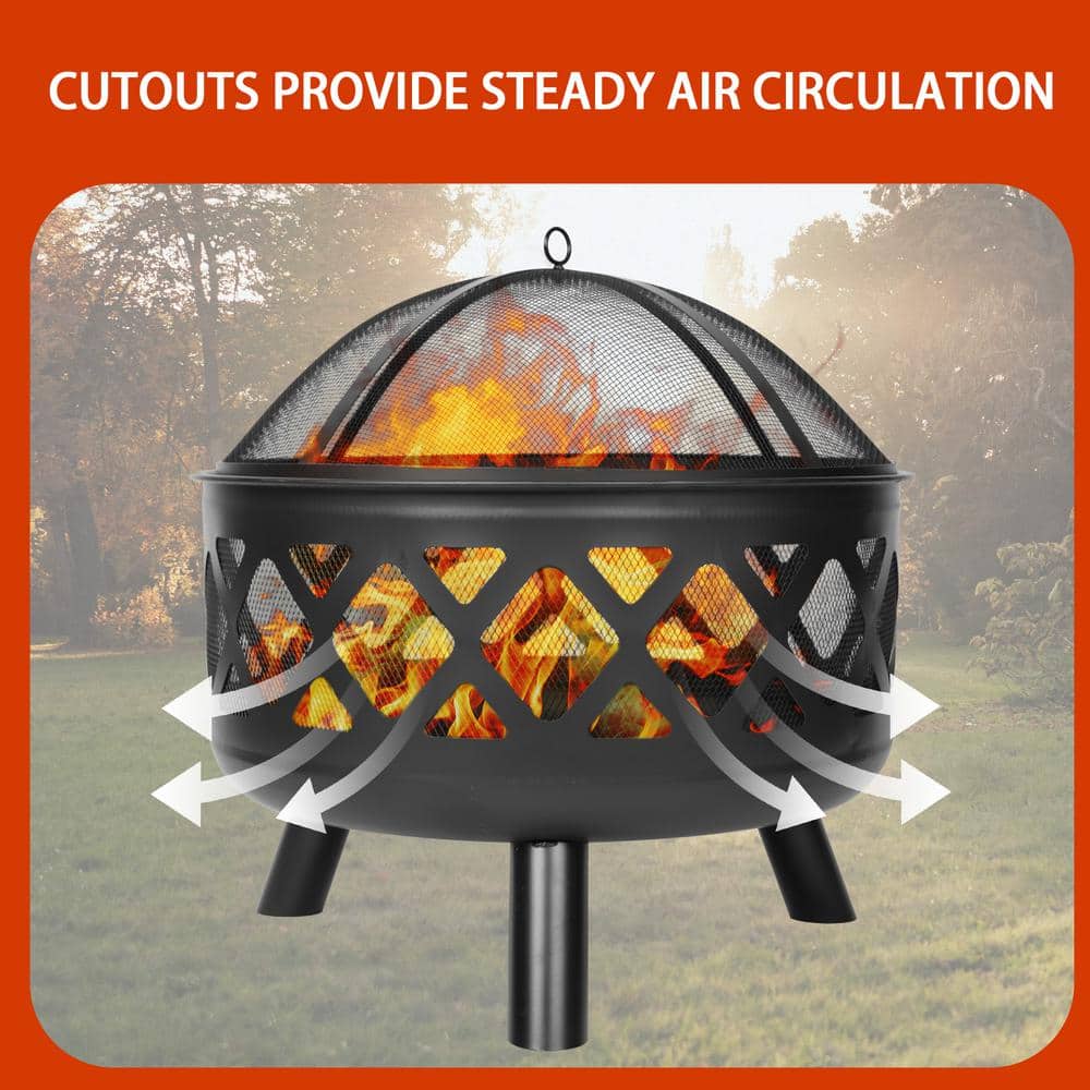 24 inch Black Crossweave Steel Wood-Burning Outdoor Fire Pit-Includes Spark Screen and Poker - Hercitys