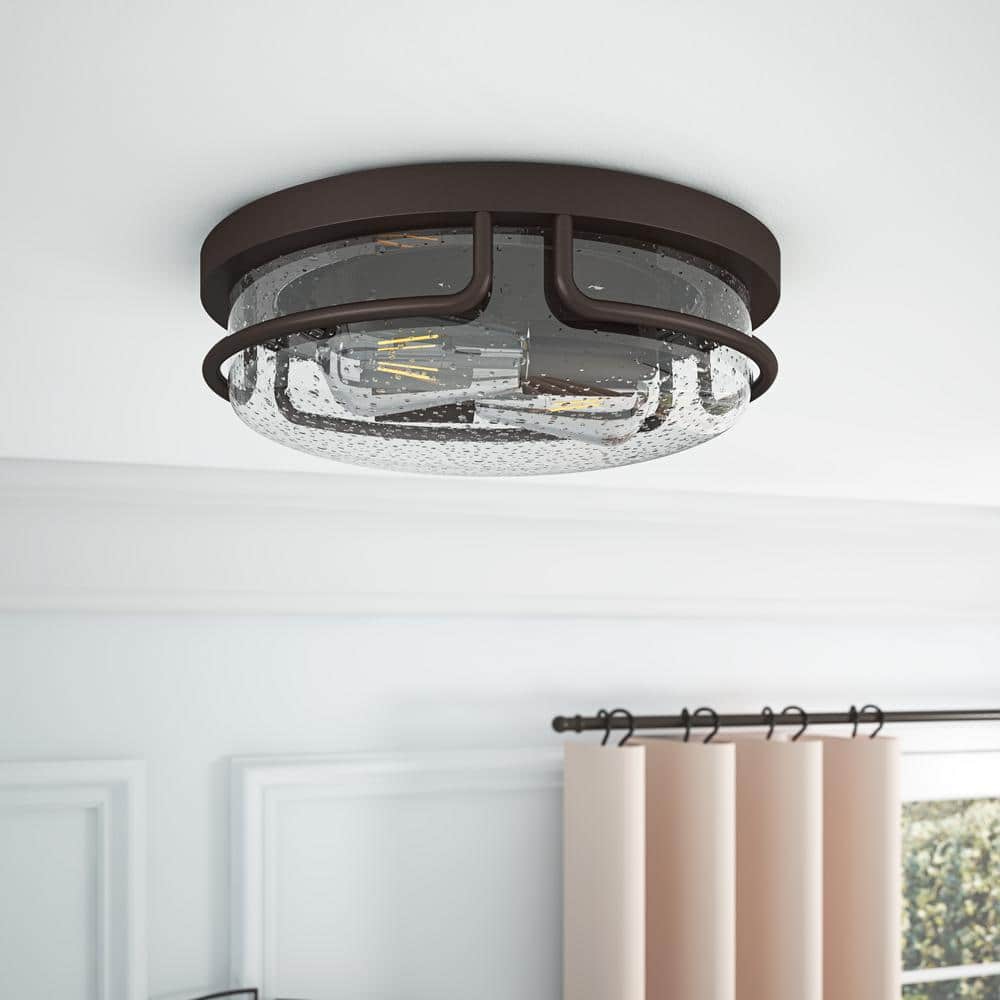 12.79 in. 2-Light Oil Rubbed Bronze Flush Mount Ceiling Light with Seeded Glass Shade Close to Ceiling Lighting Fixture - Hercitys