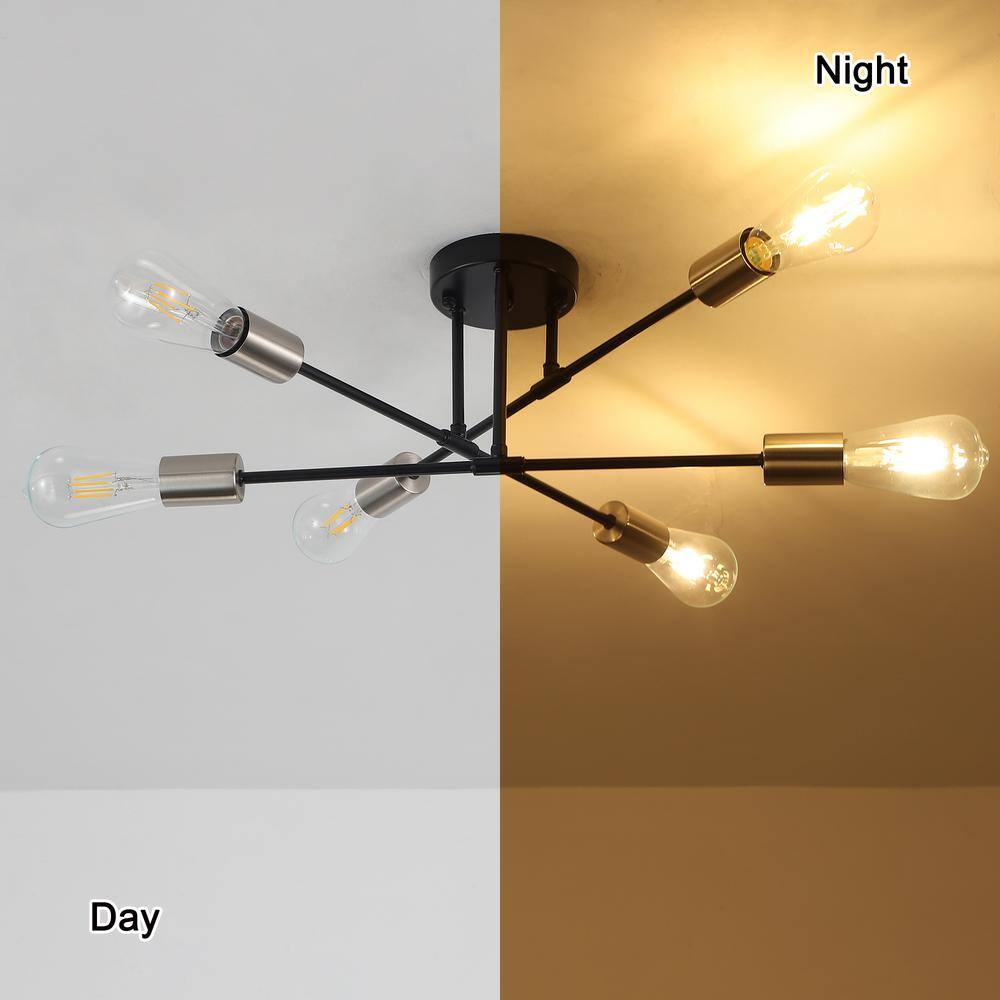 20.66 in. 6-Light Black and Nickel Sputnik Modern Semi-Flush Mount Ceiling Light - Hercitys