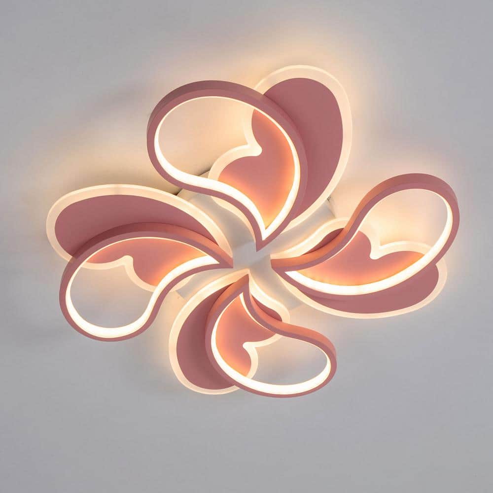 ​​19.68 in. 1-Light Pink & White Modern Petal-Shaped Dimmable Selectable LED Semi-Flush Mount Ceiling Light with Remote - Hercitys