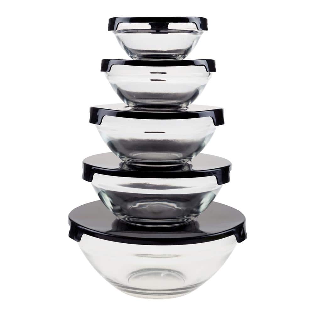 10-Piece Glass Bowl Set with Black Lids - Hercitys