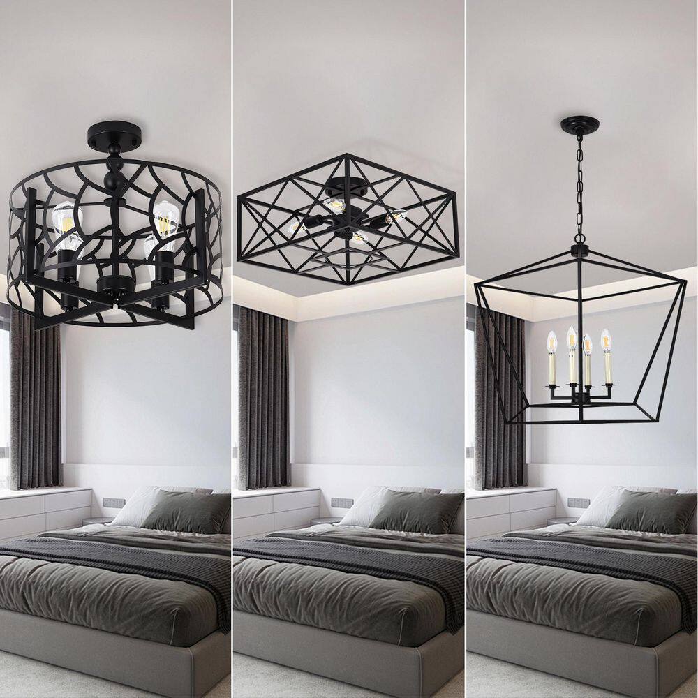 18.9 in. 4-Light Black Industrial Cage Drum Semi-Flush Mount - Hercitys