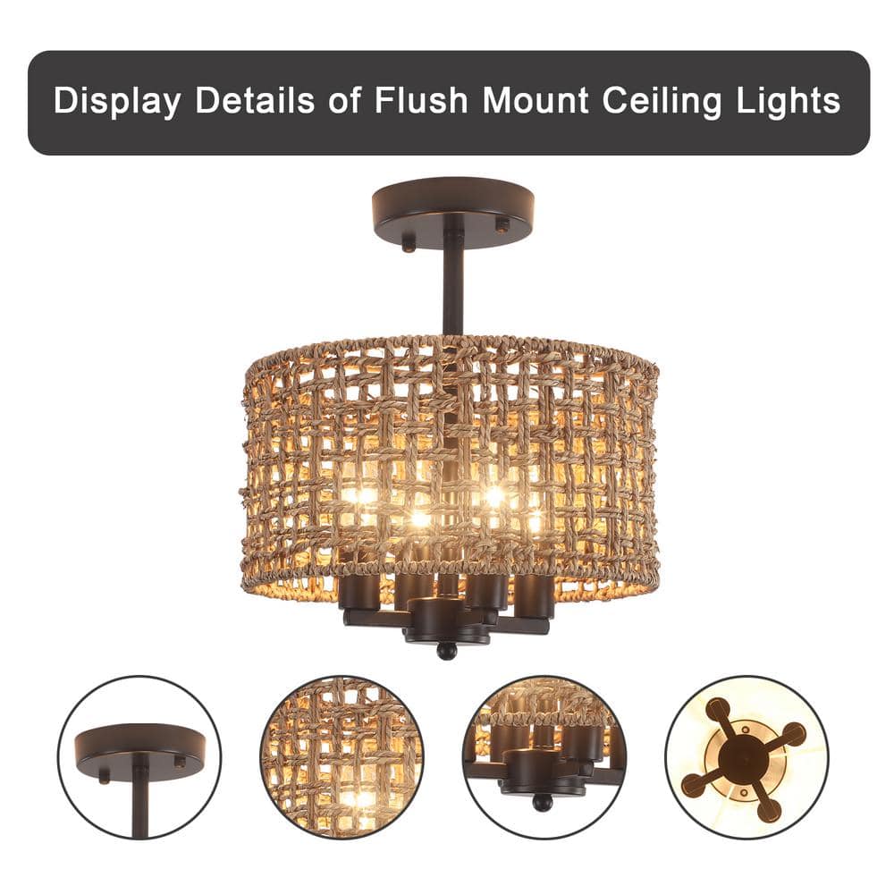 11.8 in. 4-Light Black Farmhouse Drum Semi-Flush Mount Ceiling Light Fixture with Hand Woven Shade - Hercitys