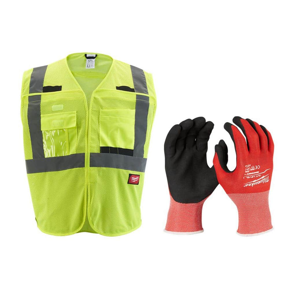 2X/3X-Large Yellow Class 2 Breakaway Mesh High Vis Safety Vest and Small Red Nitrile Cut Level 1 Dipped Work Gloves - Hercitys