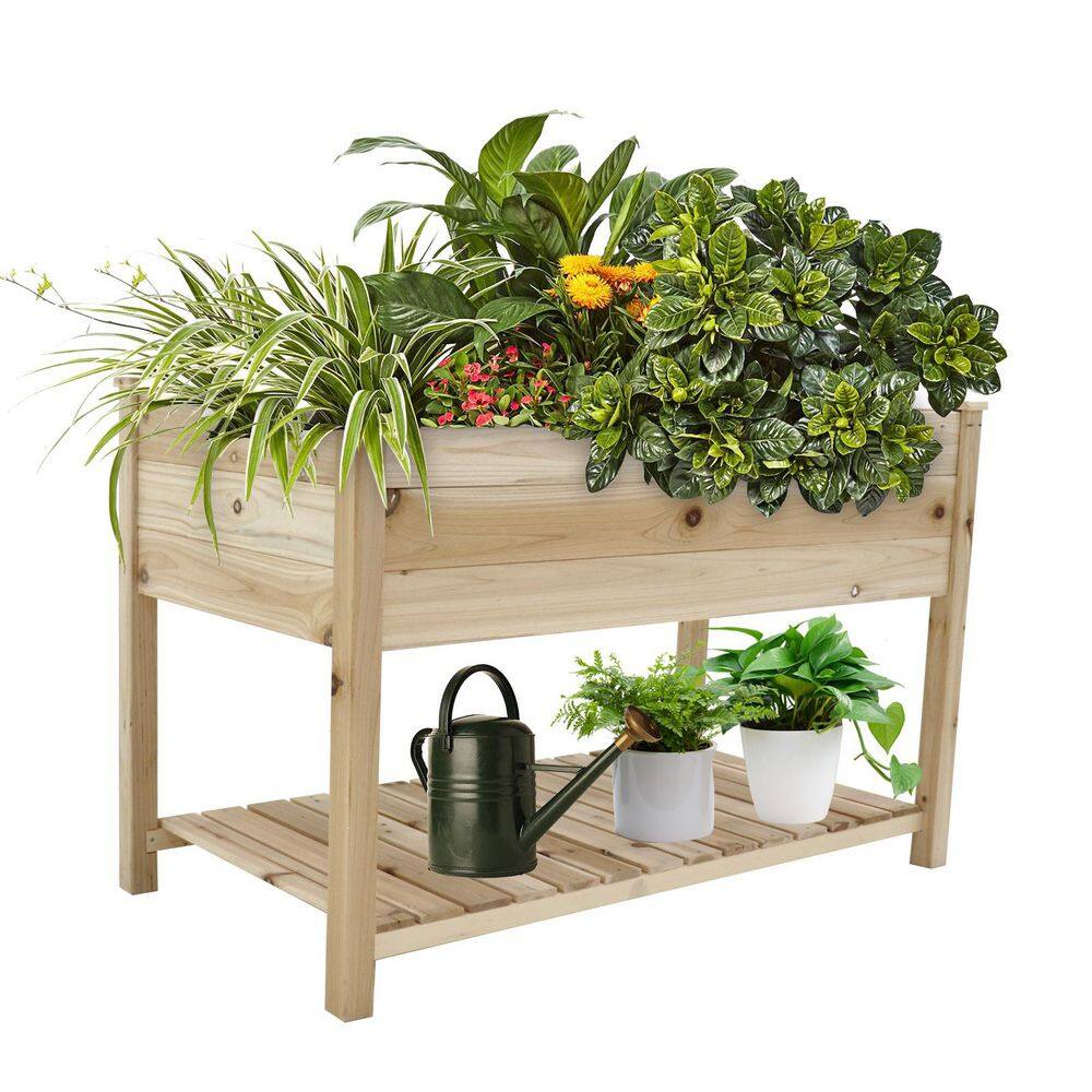 48.5 in. L x 24.4 in. W x 30 in. H Oak Wood Raised Garden Bed, Planter Box, Elevated Raised Bed: with Storage Shelf - Hercitys
