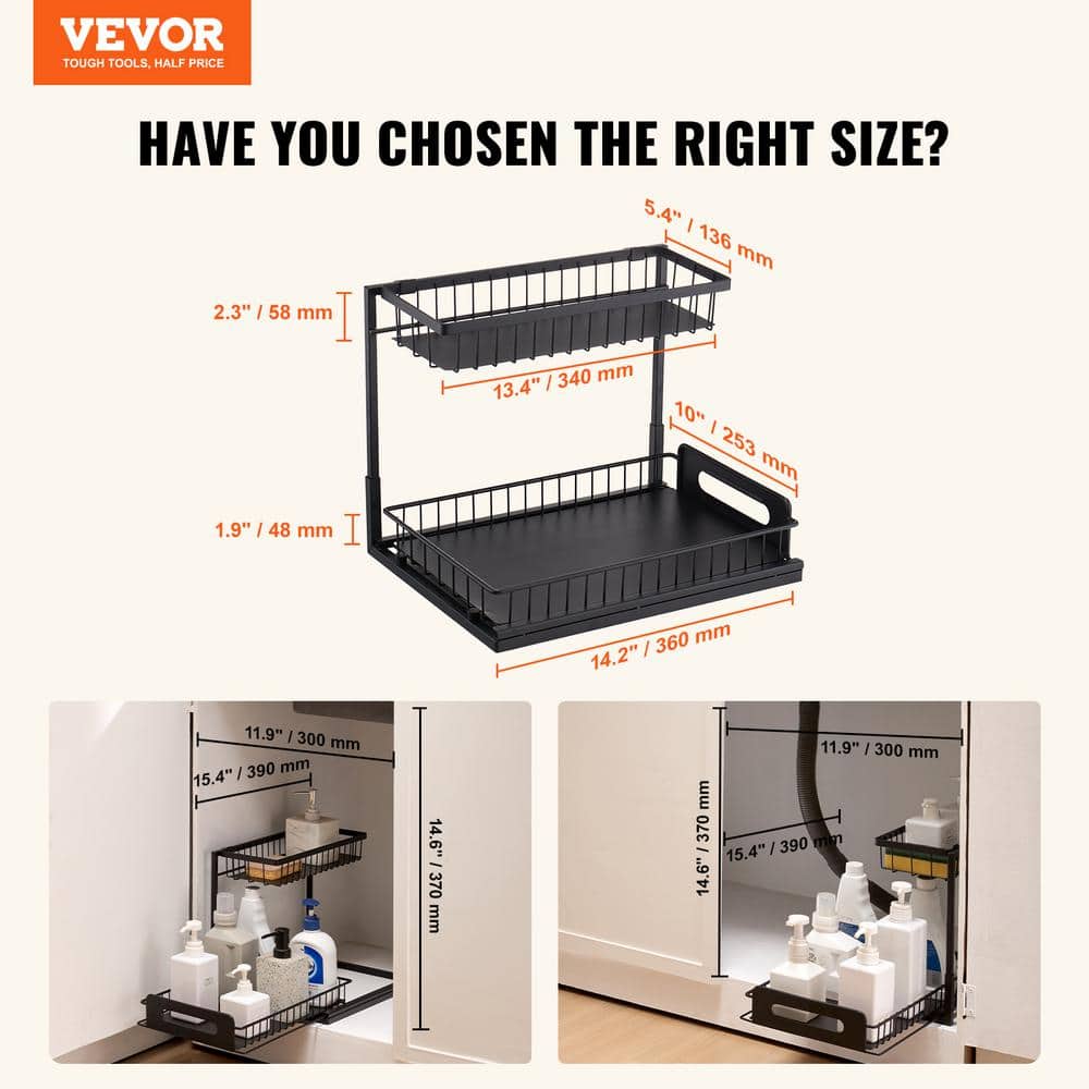 2 Tier Pull Out Cabinet Organizer(10.7 in. W x 14.2 in. D), Under Sink Organizer and Storage, Slide Out Organizer, Black - Hercitys