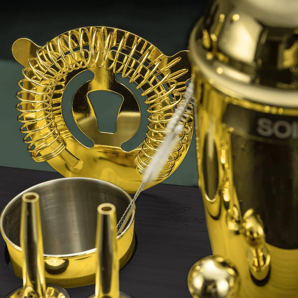 24-Piece Gold Stainless Steel Bartender Set, Cocktail Shaker Kit with Stand, Drink Mixing Tools, Recipes - Hercitys