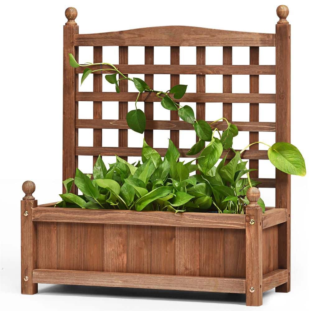 25 in. L x 11 in. W x 30 in. H Set of 2 Outdoor Plant Box Holder with Trellis Dark Brown Fir Wood Raised Garden Bed - Hercitys