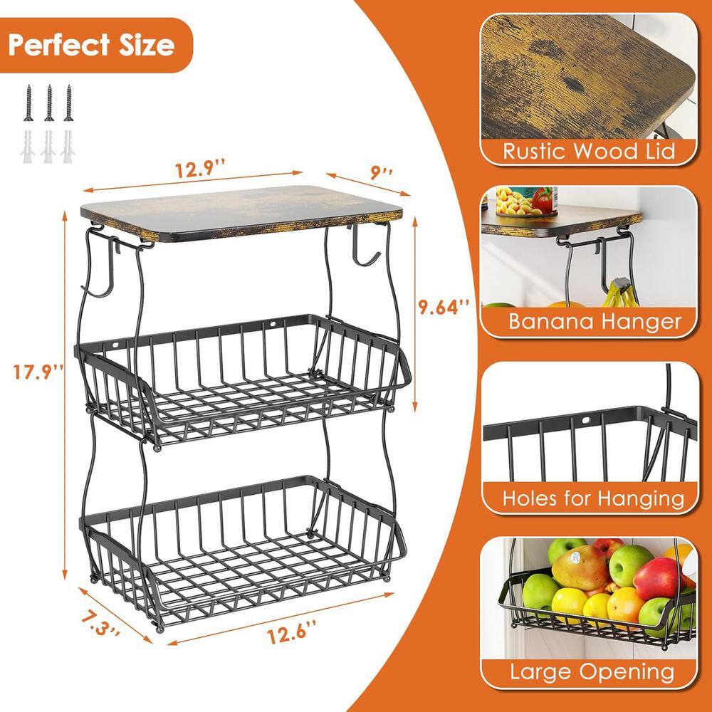 3-Tier Metal Fruit Basket for Kitchen Counter with Wood Lid and Banana Hanger for Produce Pantry Storage in Black - Hercitys