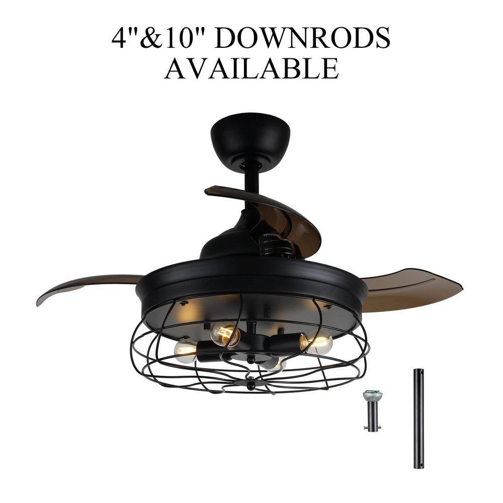 36 in. Downrod Mount Retractable 3-Blade Black Ceiling Fan with Light Kit and Remote Control - Hercitys