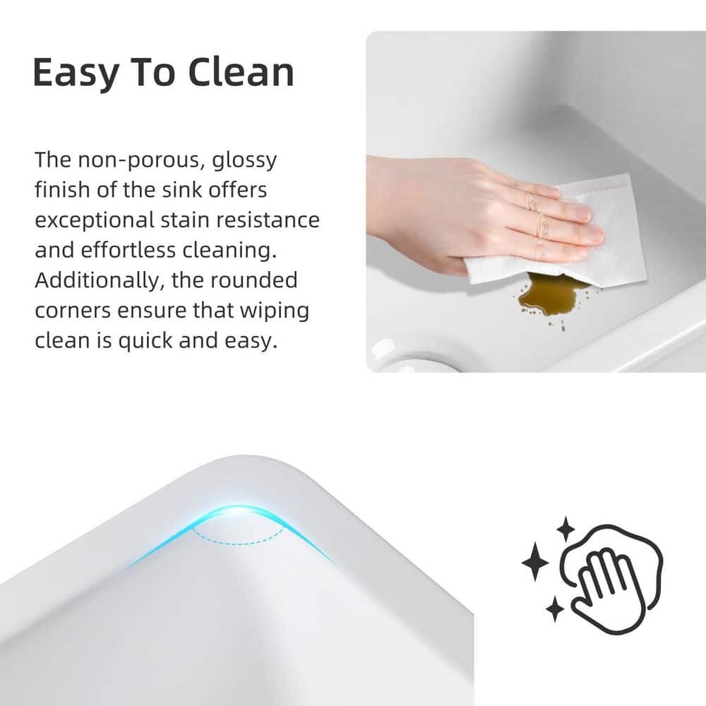 24 in. White Undermount/Drop-in Kitchen Sink Single Bowl, Fireclay Drop-in Kitchen Sink, Drain Kit and Grid Included - Hercitys