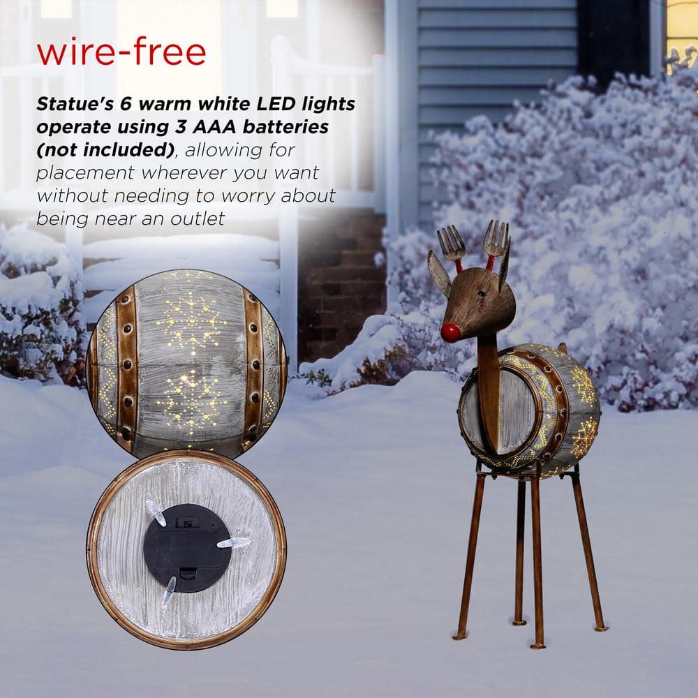 33 in. Tall Weathered Barrel Reindeer With Warm White LED Lights - Hercitys