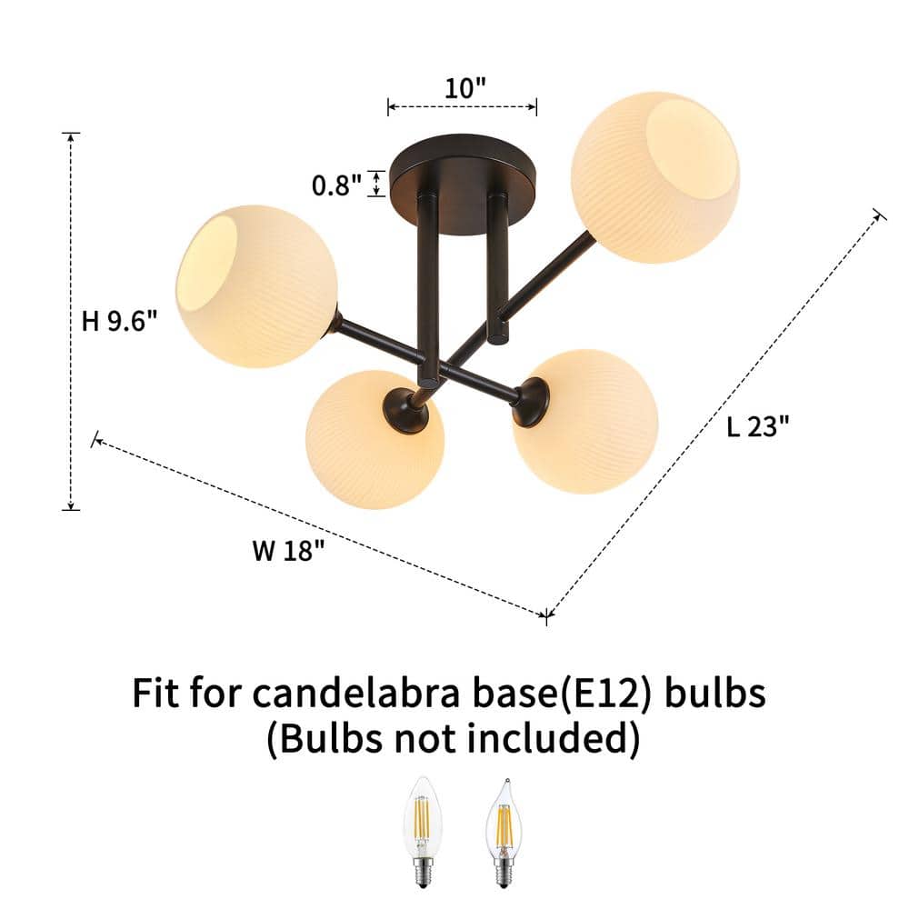 23 in. 4-Light Black Semi-Flush Mount with Frosted Opal White Ribbed Glass Shade - Hercitys