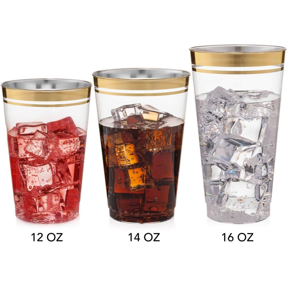 14 oz. 2-Line Gold Rim Clear Disposable Plastic Cups, Party, Cold Drinks, (100/Pack) - Hercitys
