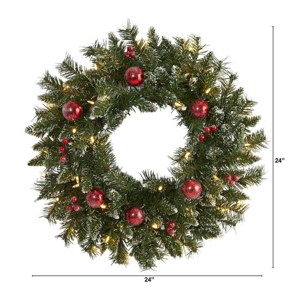 24 in. Pre-Lit Frosted Artificial Christmas Wreath with 50 Warm White LED Lights Ornaments and Berries - Hercitys