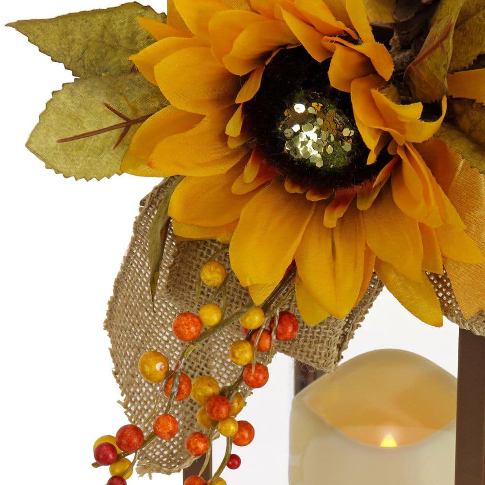 14″ Sunflower and Burlap Bow Decorated Harvest Lantern - Hercitys
