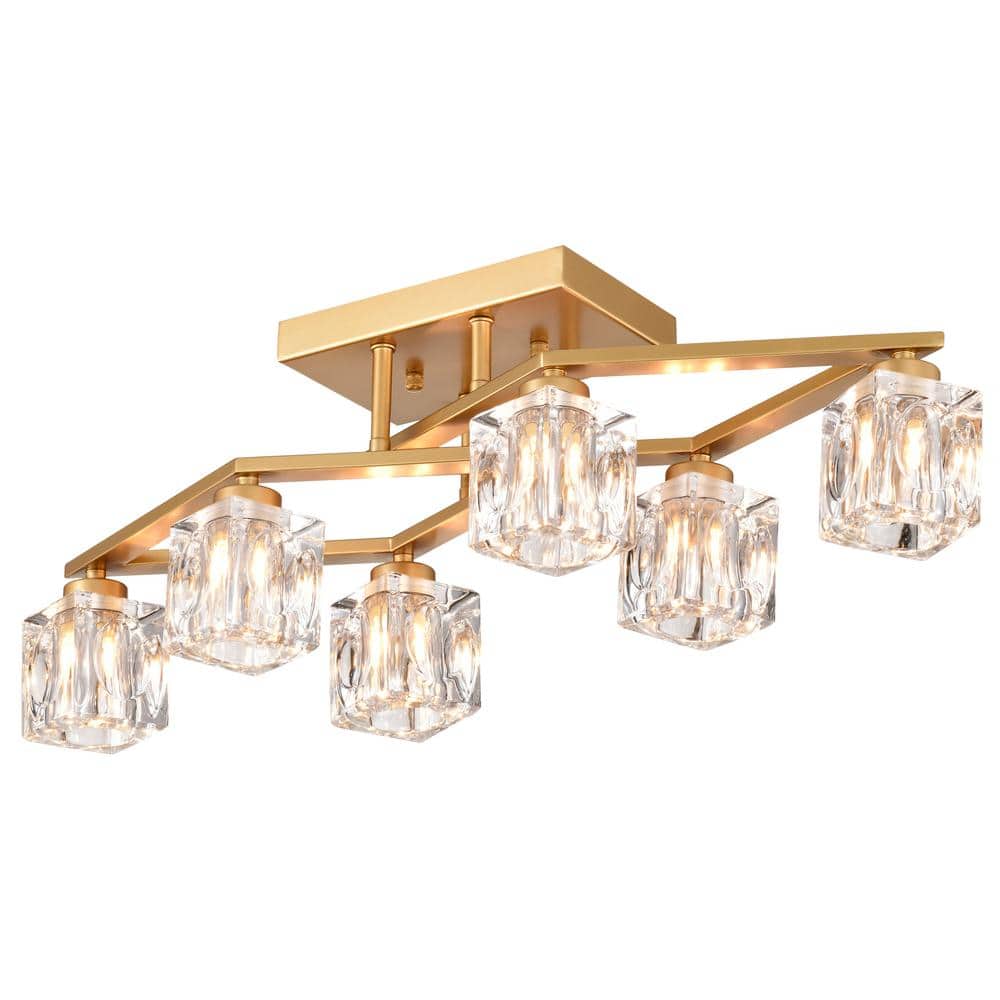 24.9 in. 6-Light Gold Modern Farmhouse Flush Mount with Cube Shade - Hercitys