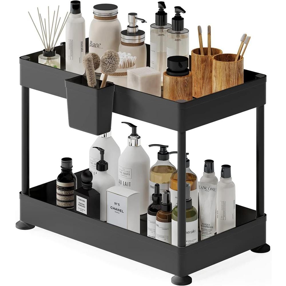 2-Tier Black Under Sink Organizer Storage Cabinet Basket Drawer - Hercitys