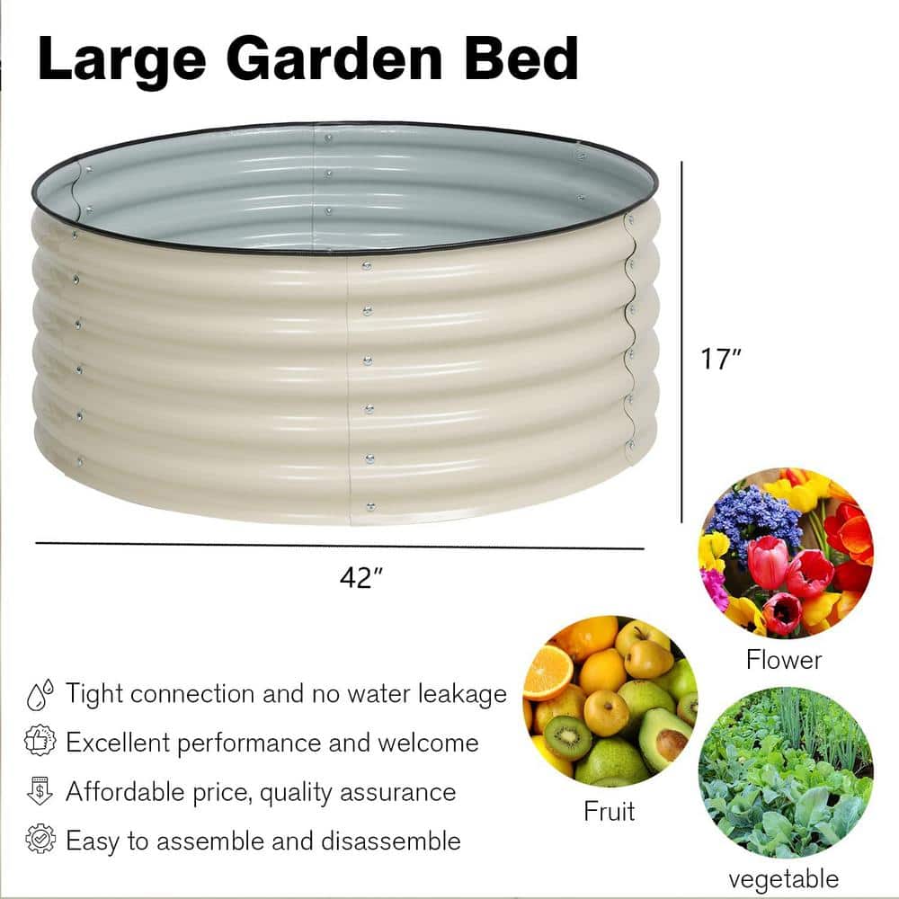 42 in. W x 17 in. H Beige Round Galvanized Metal Raised Garden Bed Ground Modular Planter Box - Hercitys
