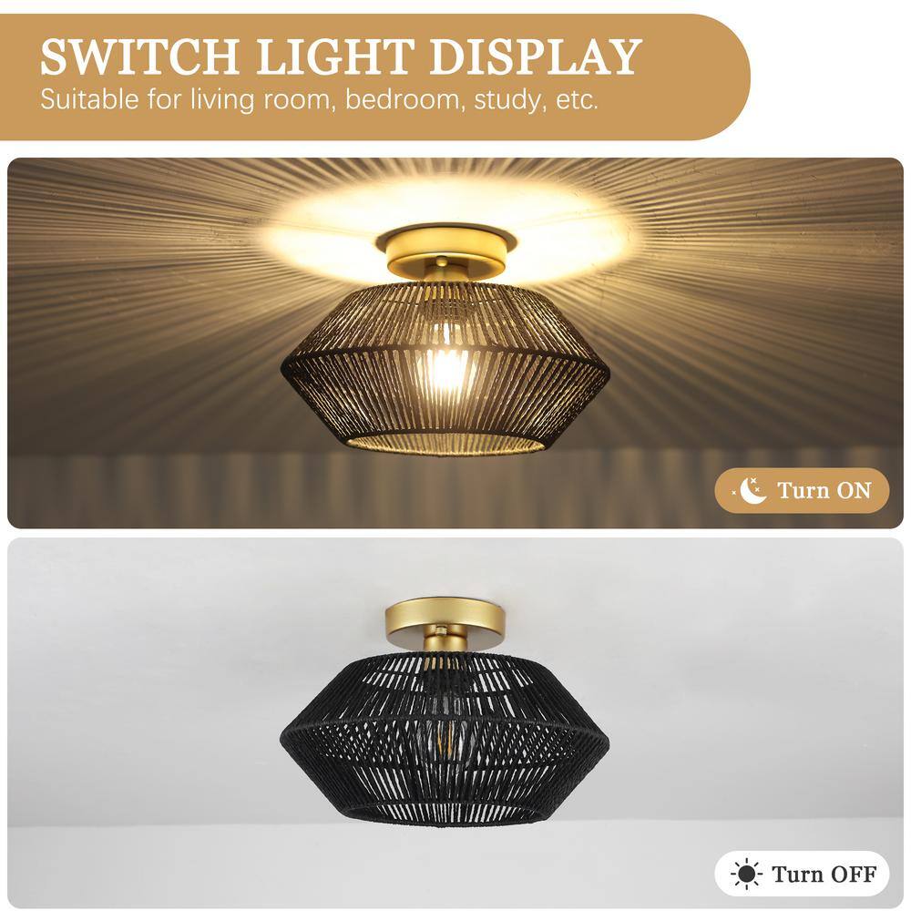 12.59 in. 1-Light Gold and Black Metal Semi-Flush Mount Light with Imitation Hemp Rope Shade and No Bulbs Included - Hercitys