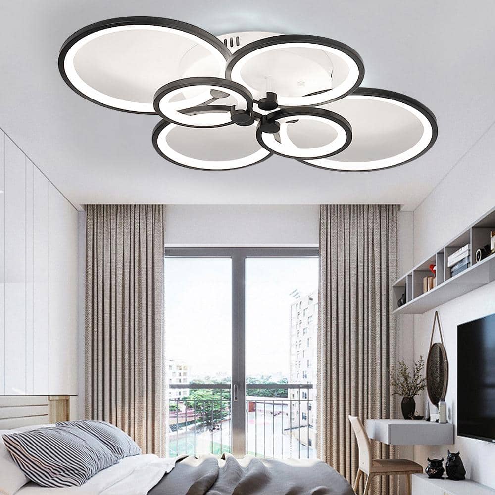 32.7 in. 6 Head Black Modern Acrylic Selectable LED Semi-Flush Mount Ceiling Light with Remote Control - Hercitys