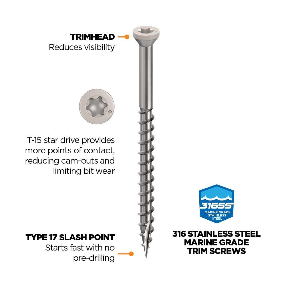 2-1/2 in. #8 316 Stainless Steel Stone Gray Premium Star Drive Trim Screws (350-Count) - Hercitys