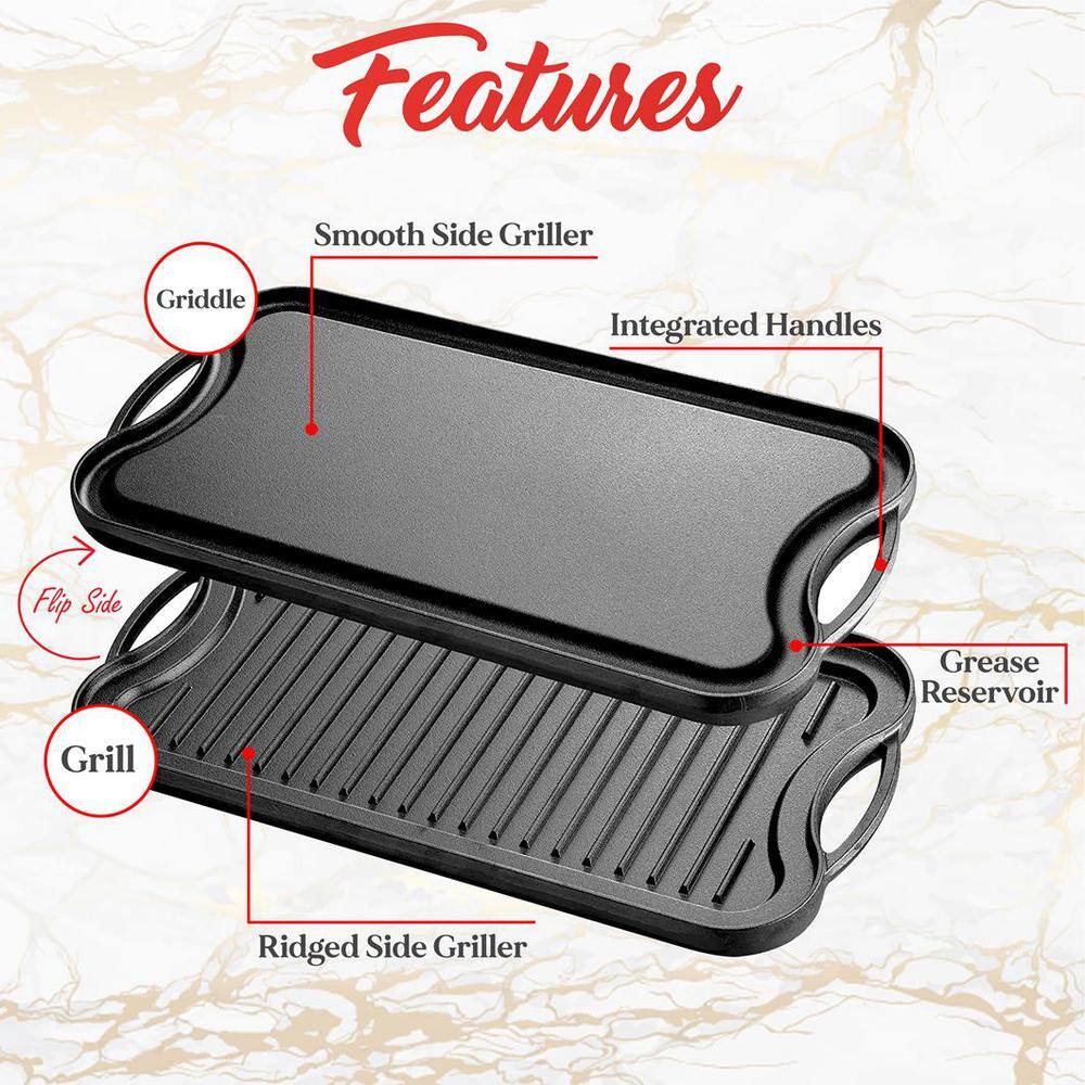 19.96 in. Kitchen Flat Grill Plate Pan Reversible Cast Iron Griddle Classic Flat Grill Pan Design with Scraper - Hercitys