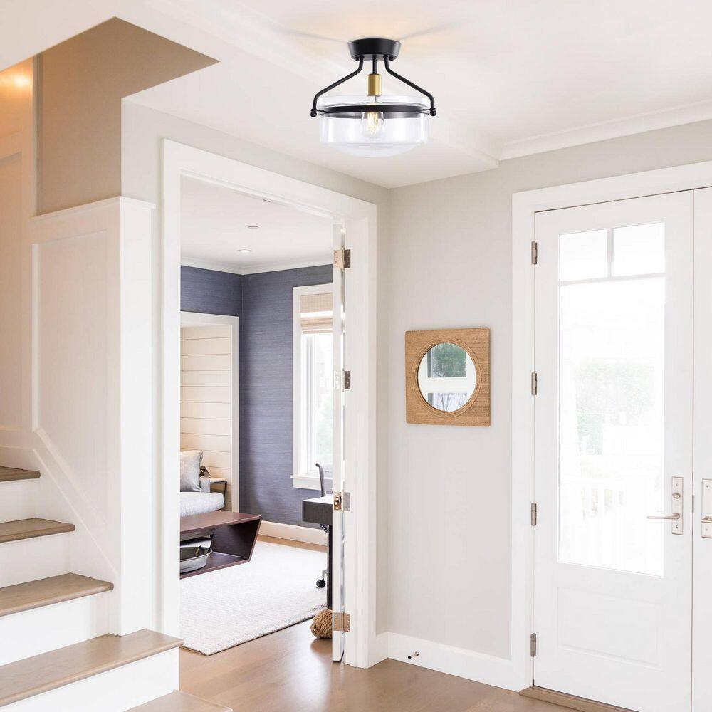 13.3 in. 1-Light Black Modern Semi-Flush Mount Ceiling Light with Glass Shade - Hercitys