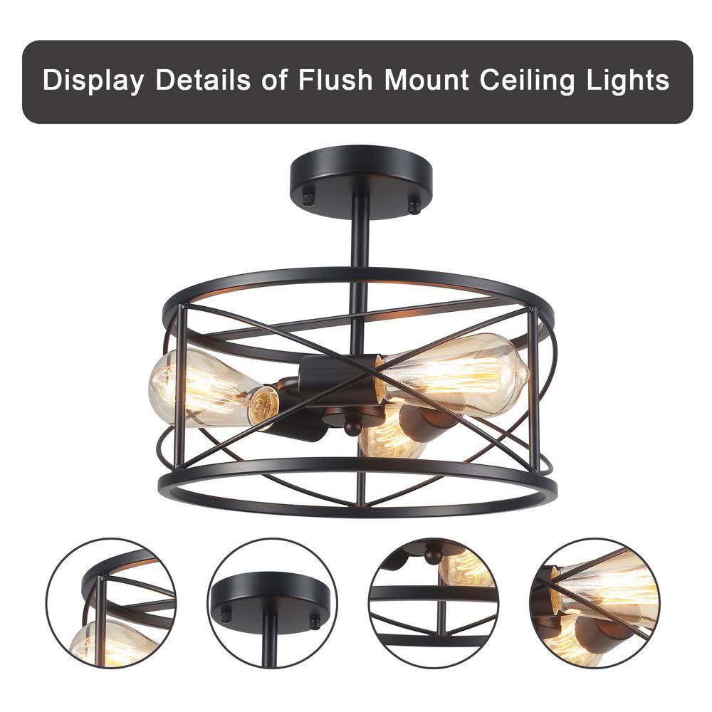 12.6 in. 3-Light Black Semi Flush Mount Ceiling Light Fixture with Metal Cage and No Bulbs Included - Hercitys
