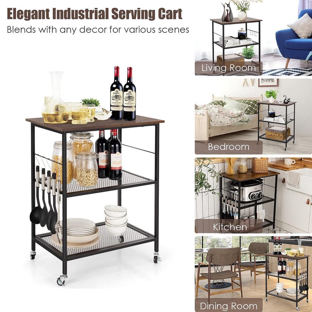 3-Tier Brown Kitchen Serving Cart Utility Standing Microwave Rack with Hooks - Hercitys