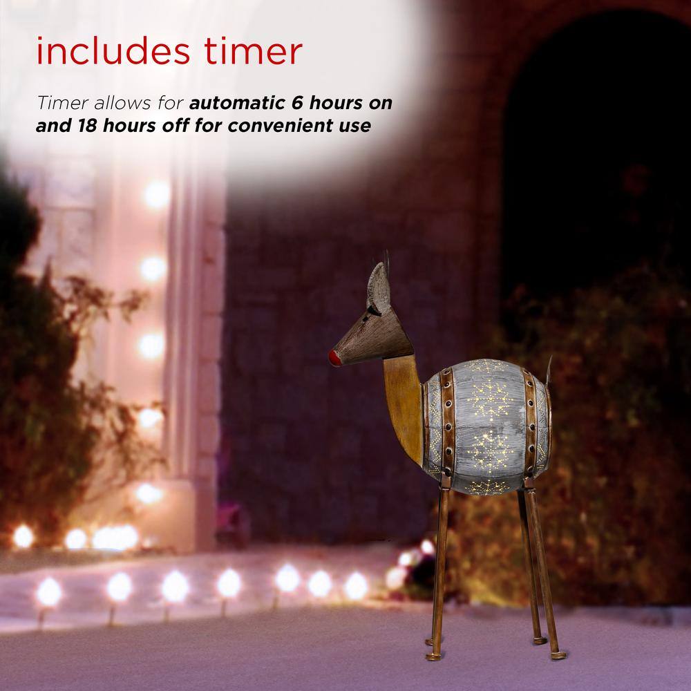 33 in. Tall Weathered Barrel Reindeer With Warm White LED Lights - Hercitys