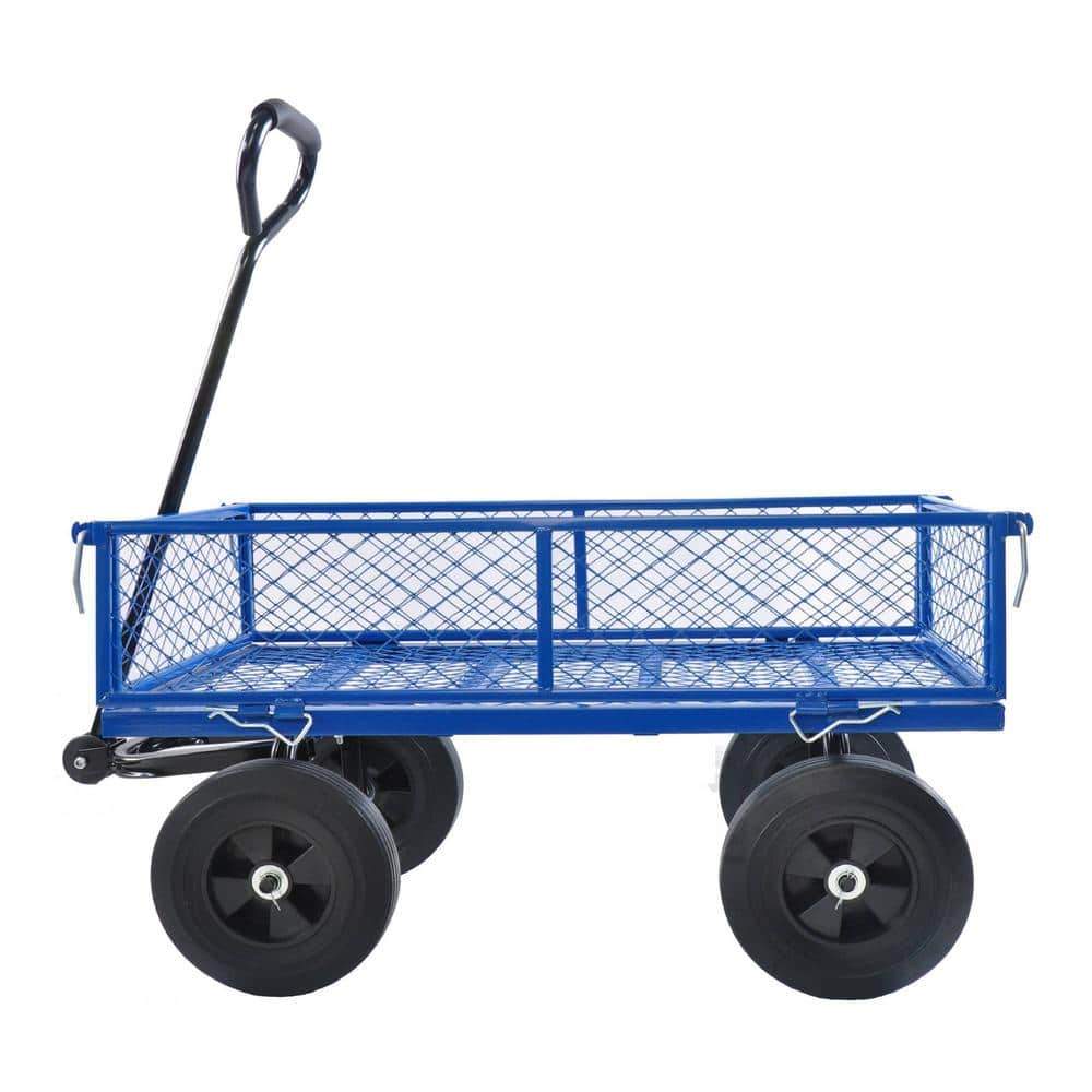 4 cu. ft. Blue Metal Frame Outdoor Folding Utility Wagon Garden Cart with Detachable Side - Hercitys