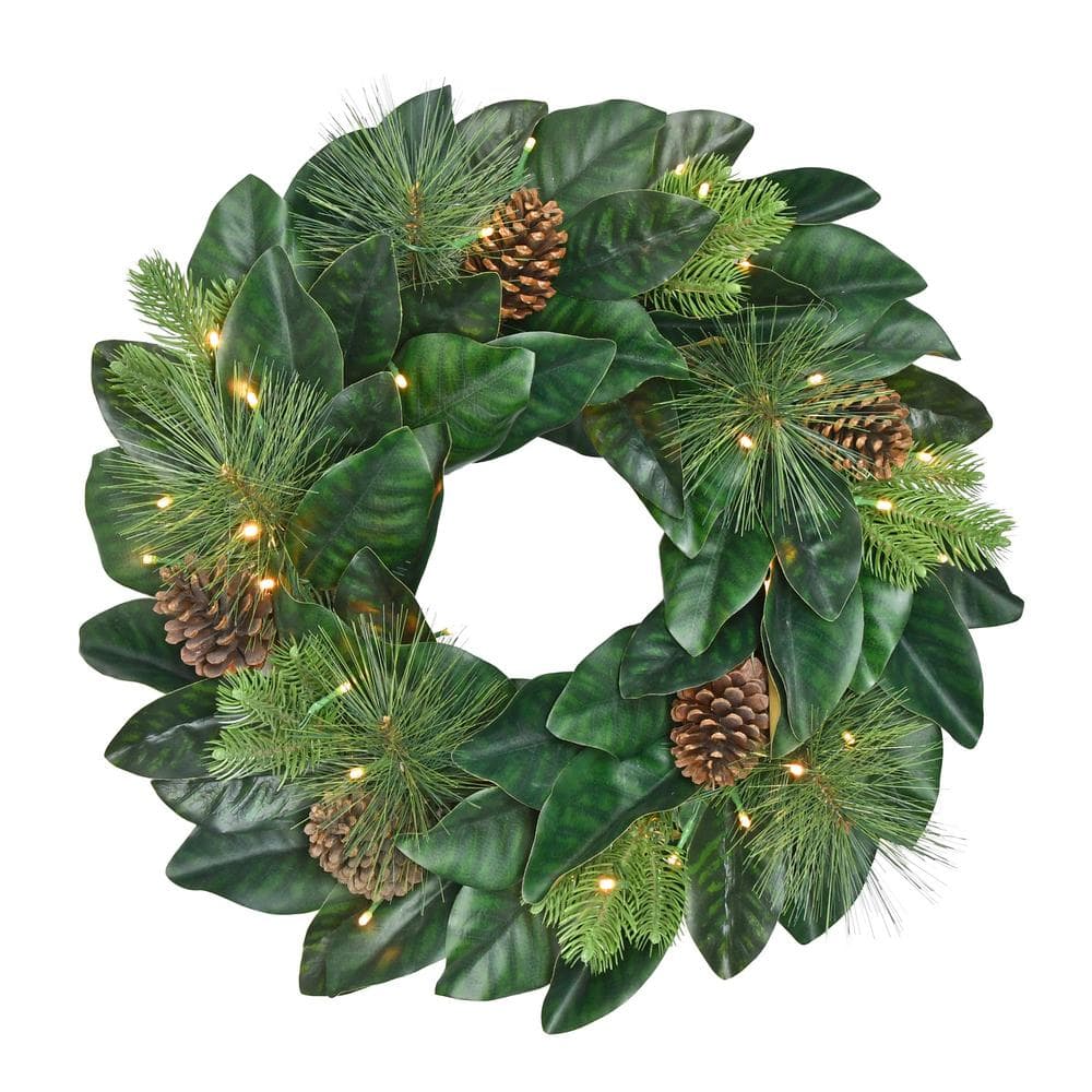 24 in. Green Prelit Magnolia Artificial Christmas Wreath with Pinecones - Hercitys