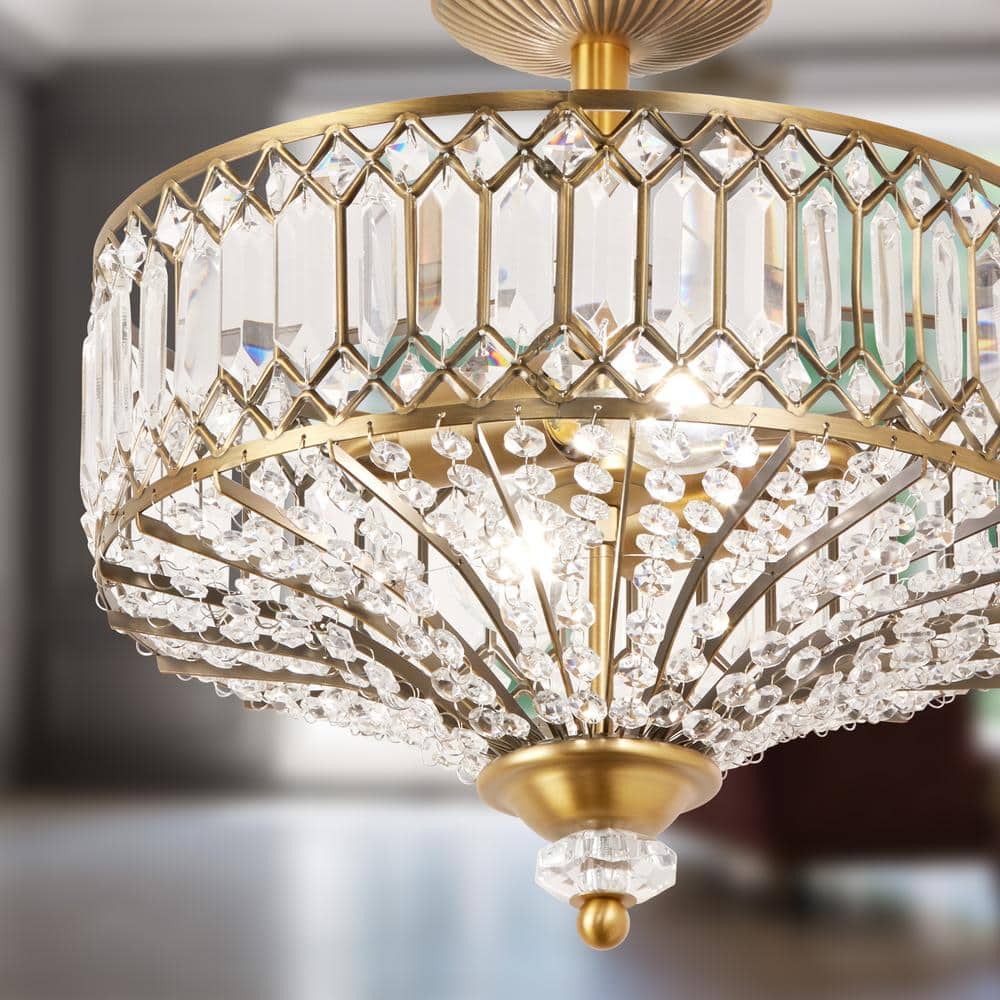 14.75 in. 2-Light Gold Semi-Flush Mount-Light with Tiered Jeweled Glass - Hercitys