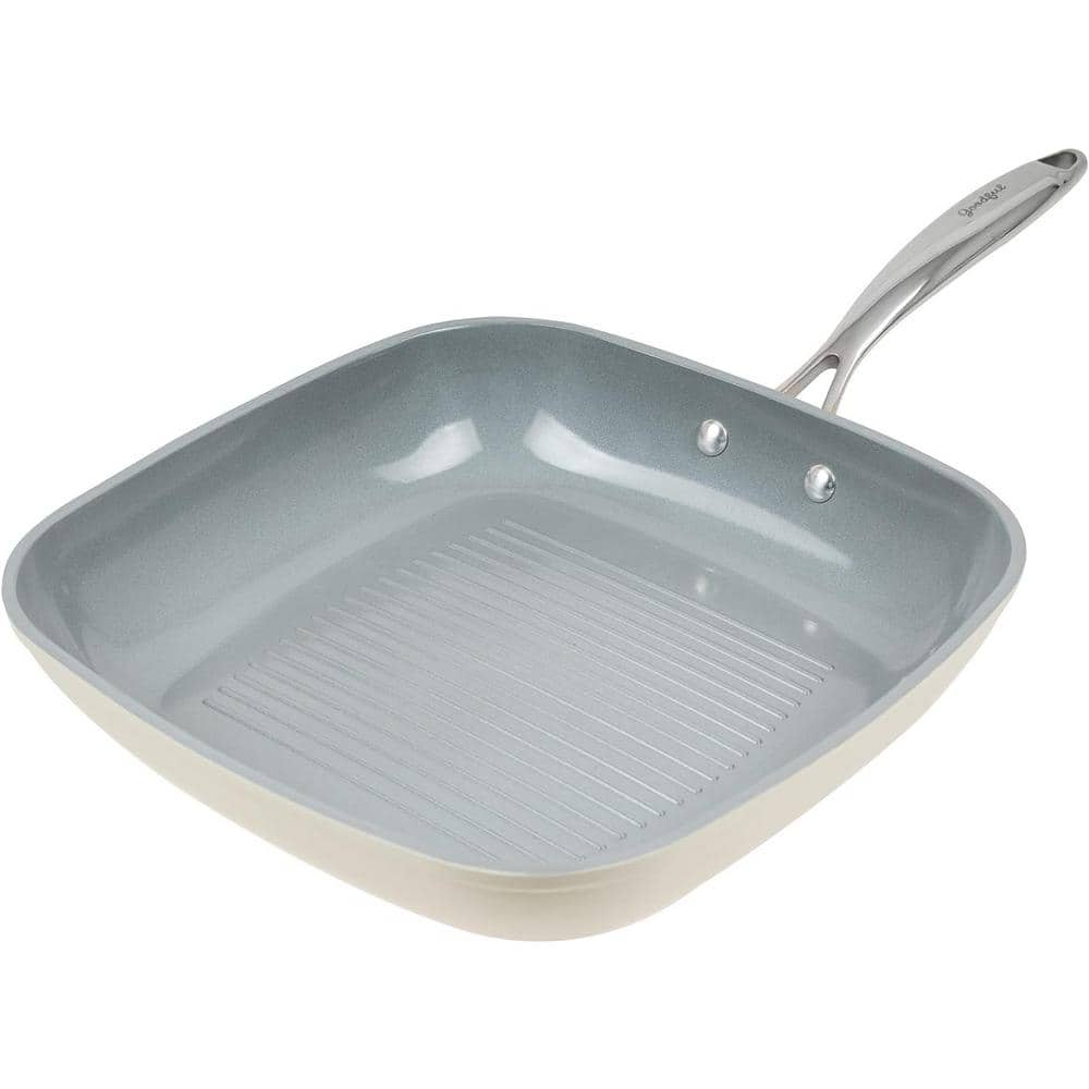 11 in. Ceramic Non-Stick Coating Dishwasher Safe Square Grill Pan in Cream with Comfort Grip Stainless Steel Handle - Hercitys