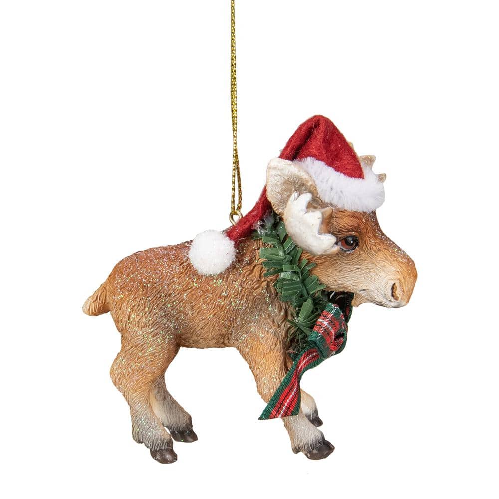 3.5 in. Moose Wearing Santa Hat and Plaid Bow Christmas Ornament - Hercitys