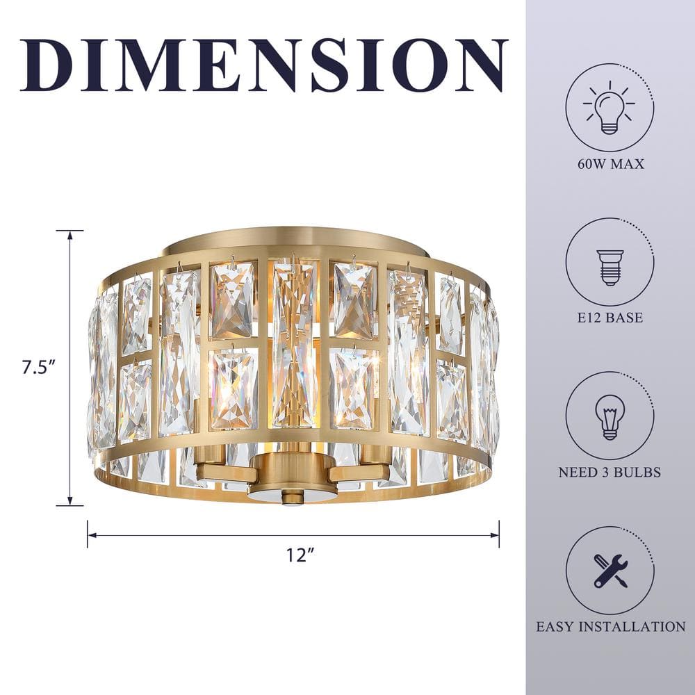12 in. 3-Light Round Modern Gold Drum Flush Mount Ceiling Light with Clear Crystal Shade - Hercitys