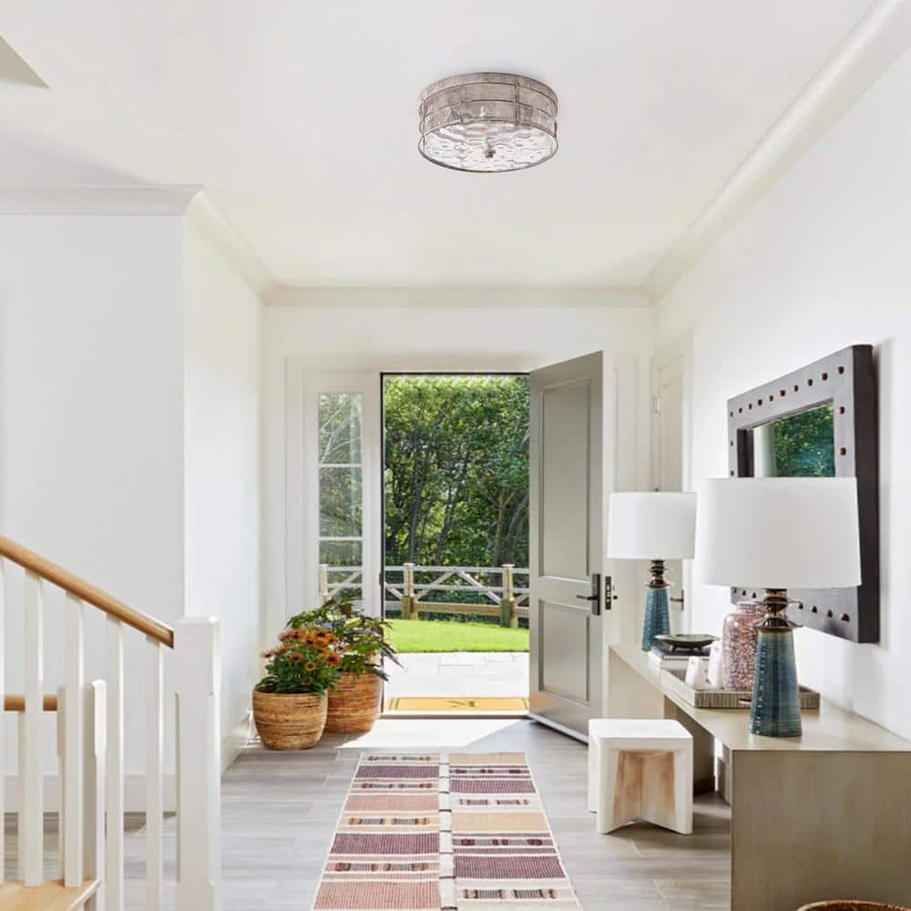 12.99 in. 2-Light Industrial Rustic Flush Mount Ceiling Light Fixture with Glass Shade - Hercitys