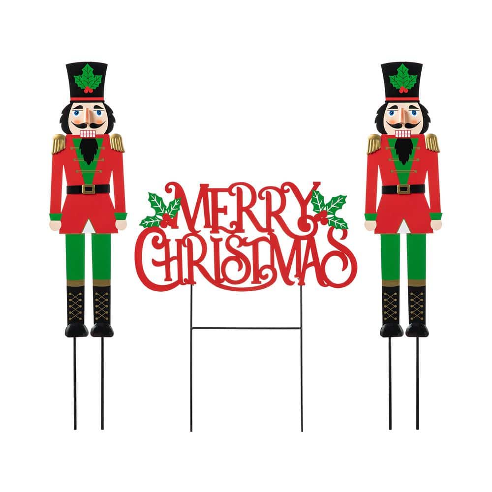 32 in. H Metal Nutcracker Christmas Yard Decor MERRY CHRISTMAS Yard Stake (Set of 3) - Hercitys